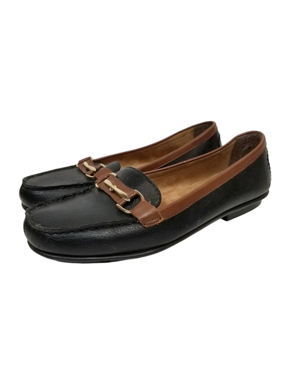 A2 by Aerosoles Black Brown Gold Horsebit Vegan Faux Leather Loafers Size 8.5